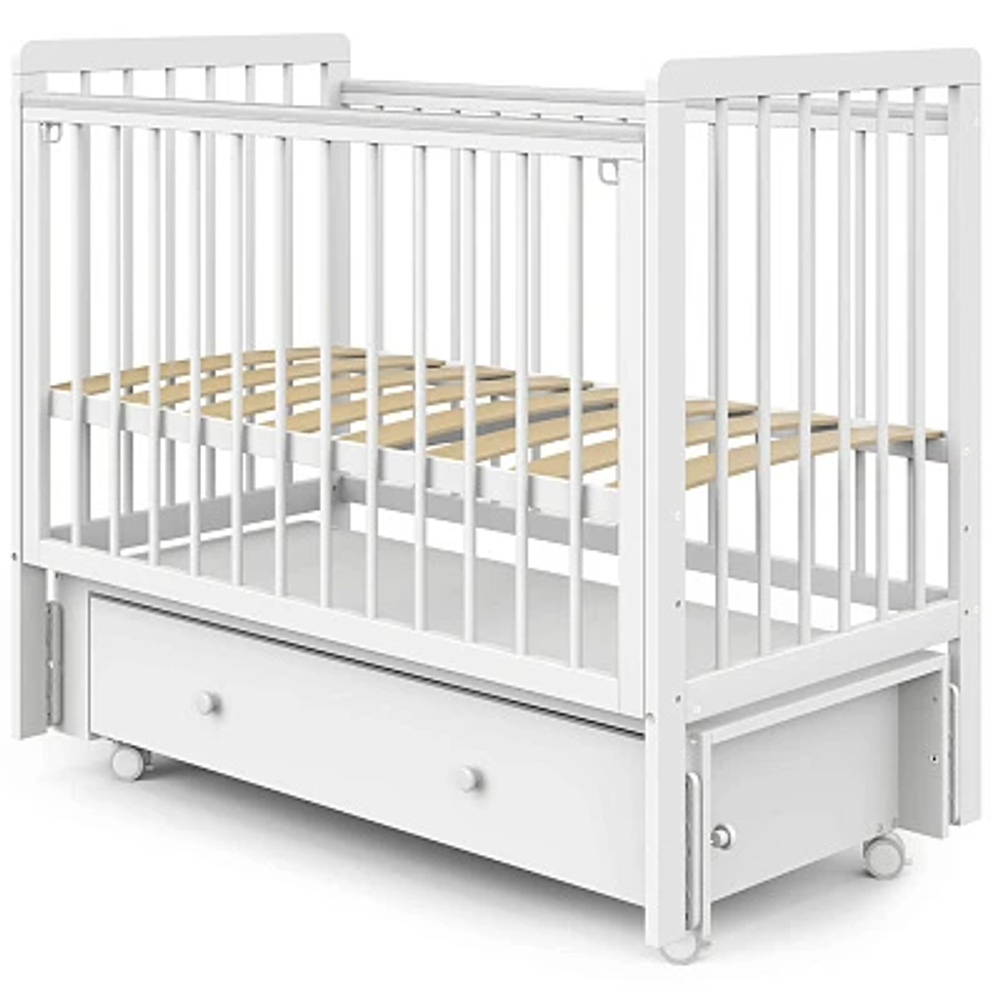Кровать детская Indigo Vista маятник на колесах, ящик белая аляска