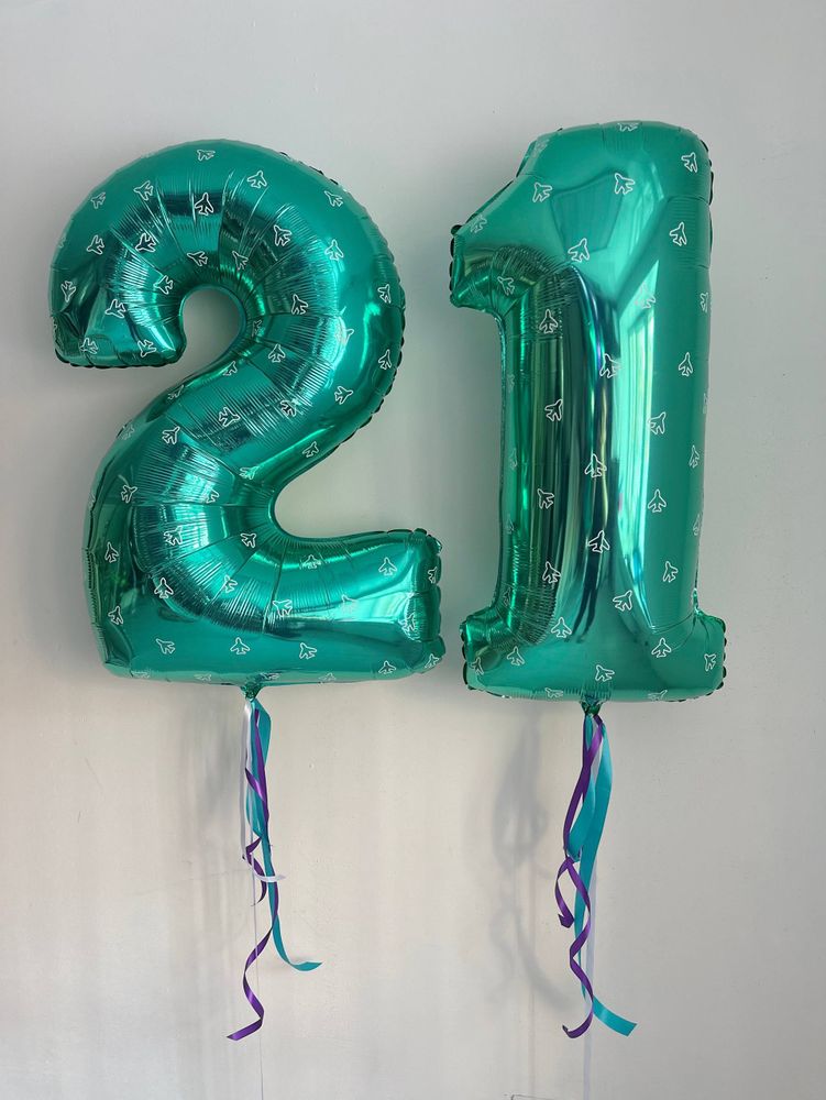 Воздушные гелиевые цифры бирюза/самолет №4656