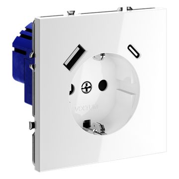 Розетка встраиваемая VOLTUM S70 с заземлением и защитными шторками, 16А, с USB, A+С, (белый глянцевы