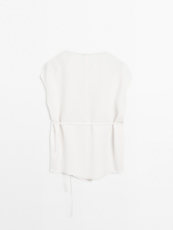 Massimo Dutti Топ из крепа с драпированным вырезом, натуральный, кремовый