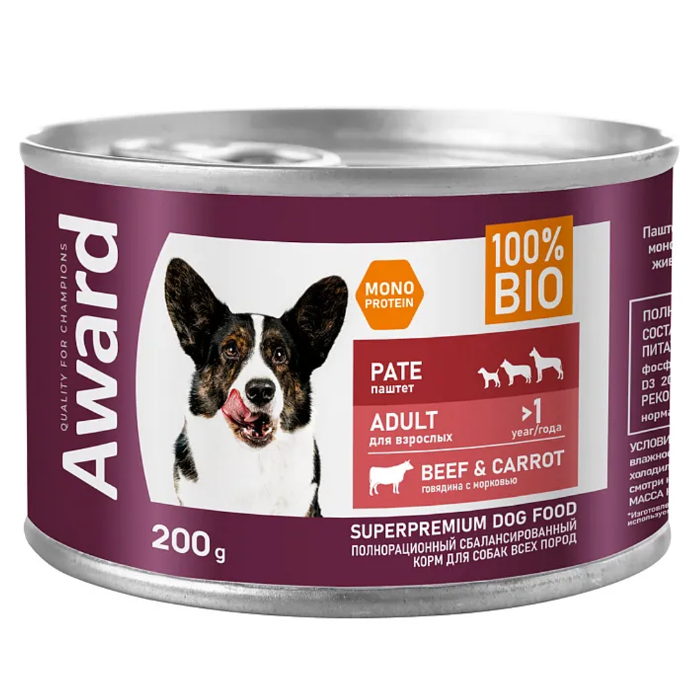 Влажный корм AWARD для взрослых собак паштет из говядины с морковью 200г