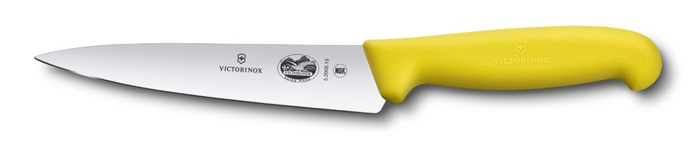 Фото нож разделочный VICTORINOX Fibrox 15 см лезвие из нержавеющей стали жёлтая пластиковая рукоять с гарантией