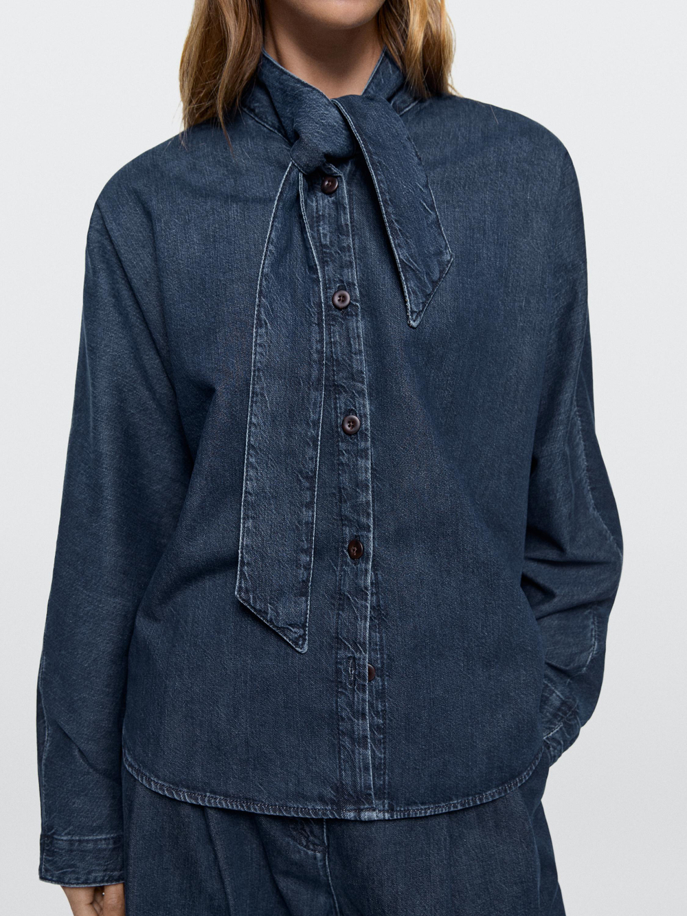 Massimo Dutti Джинсовая рубашка с деталью на воротнике, темно-синий