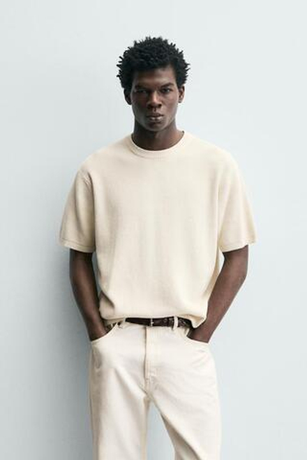 ZARA ФУТБОЛКА ПЛАТОЧНОЙ ВЯЗКИ, ЖЕЛТОВАТО-БЕЛЫЙ