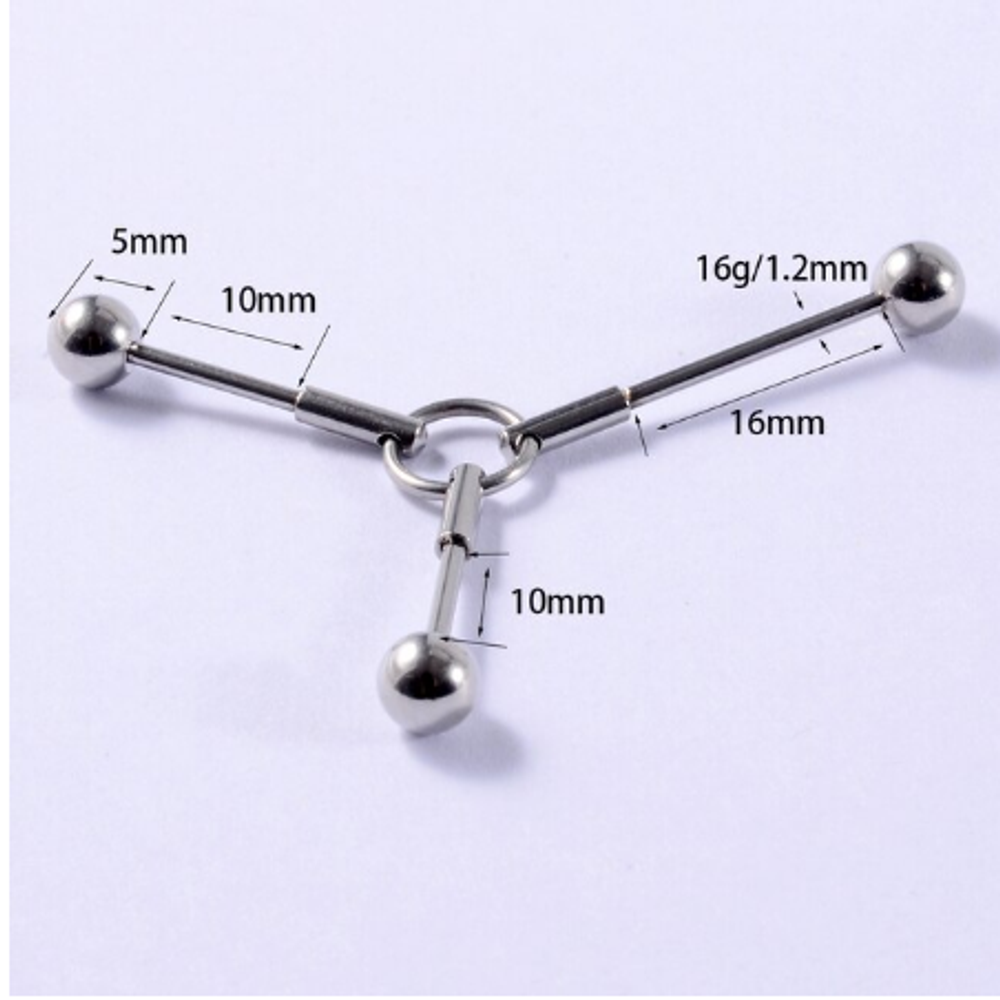 Идастриал штанги ( на 3 прокола ) 10мм, 10мм и 16 мм с кольцом из медицинской стали, толщина 1,2 мм с шариками 5 мм.