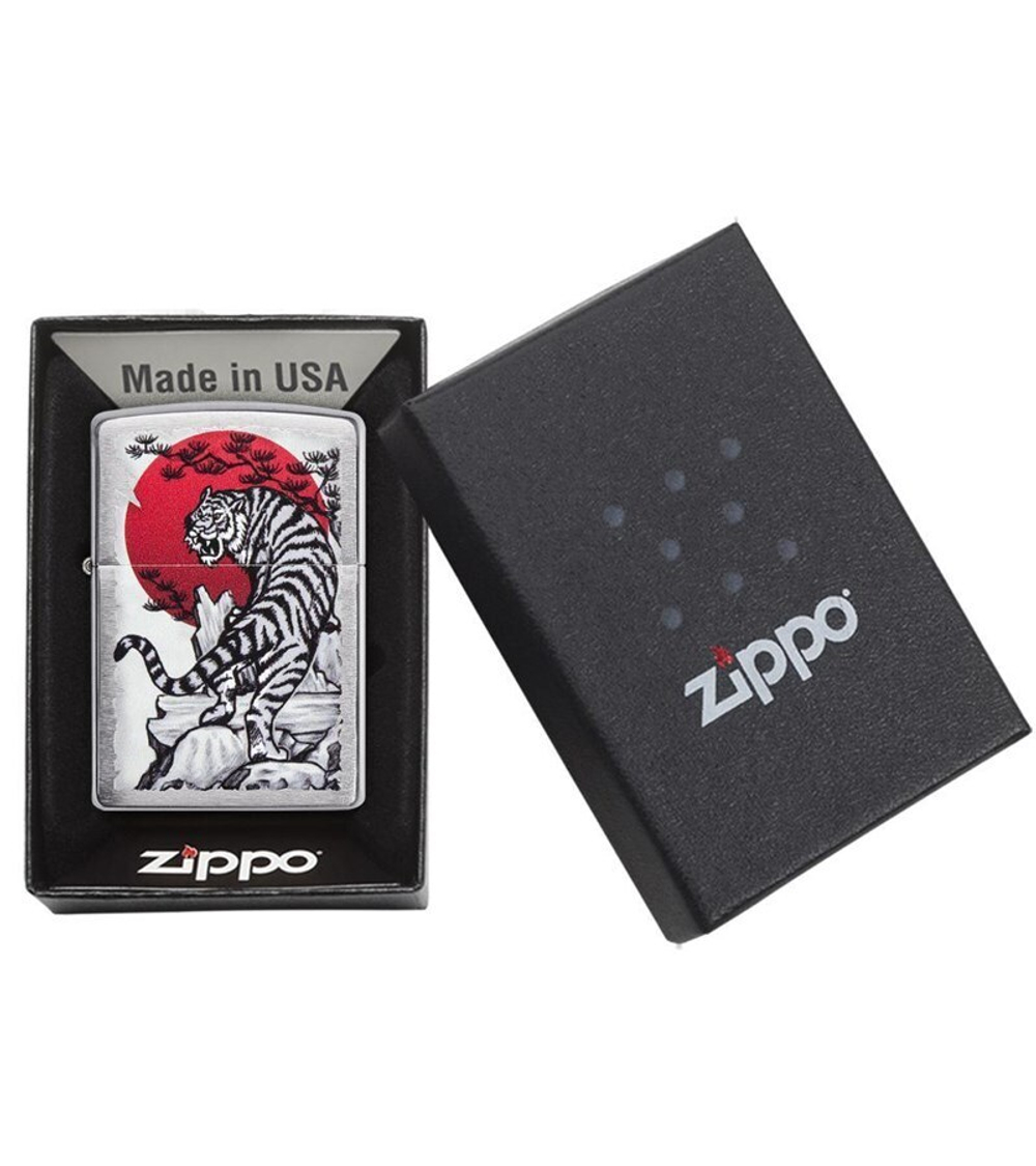 Зажигалка ZIPPO Asian Tiger с покрытием Brushed Chrome, латунь/сталь, серебристая, 38x13x57 мм (29889)