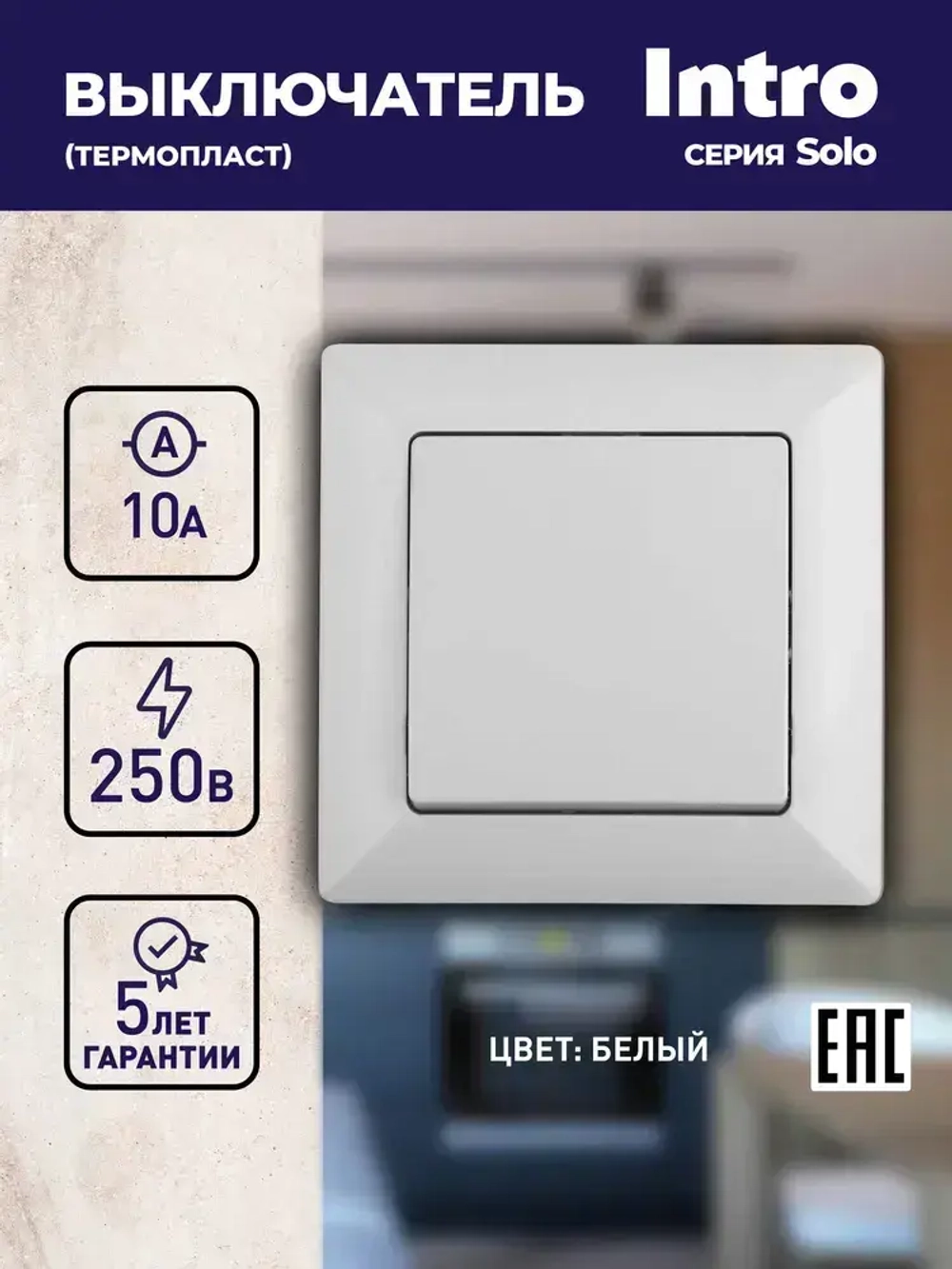 Выключатель Intro Solo 4-101-01 одноклавишный 10А-250В IP20 СУ белый