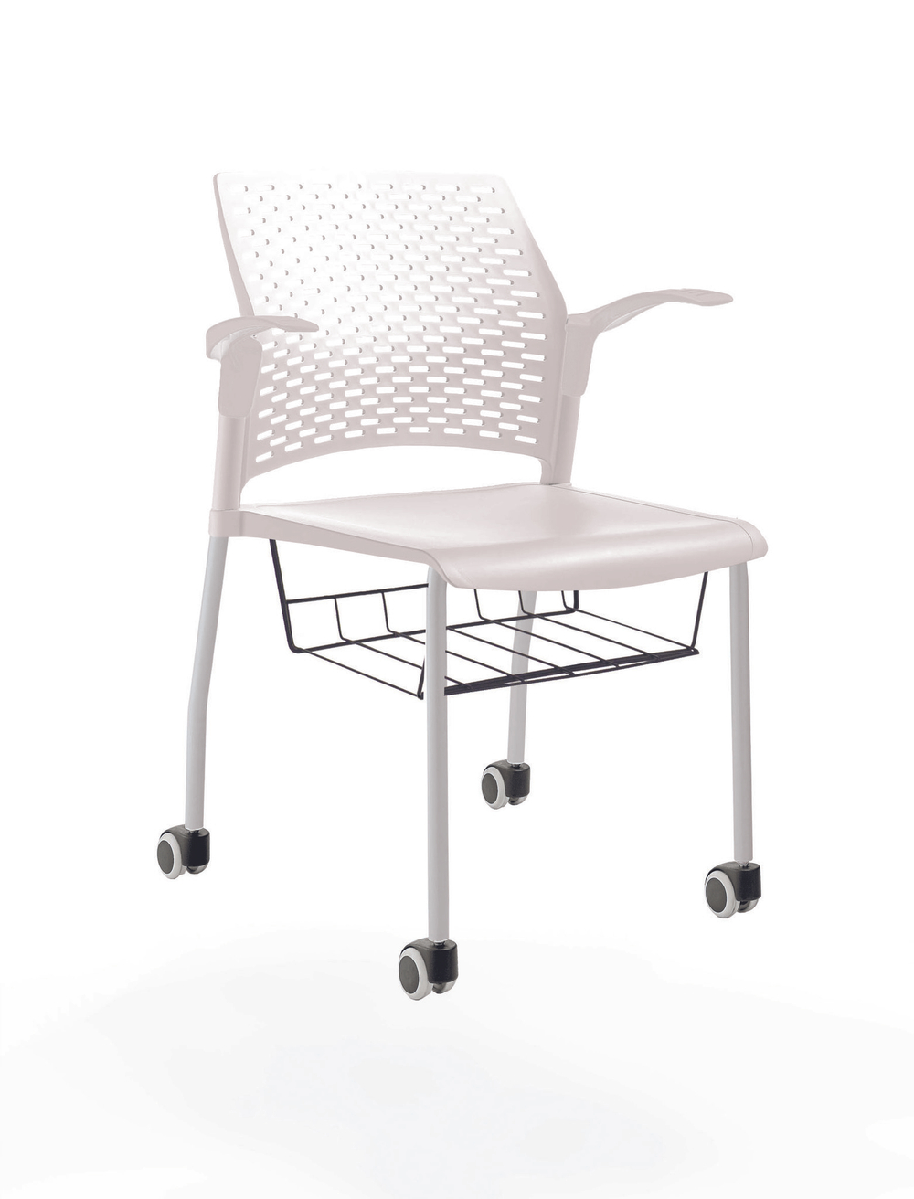 стул Rewind на 4 ногах и колесах, каркас серый, пластик белый, с открытыми подлокотниками, с подседельной корзиной, сиденье и спинка без обивки