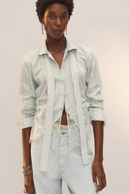 ZARA РУБАШКА С ДЛИННЫМИ РУКАВАМИ И КРУЖЕВОМ - LIMITED EDITION, ЦВЕТ МОРСКОЙ ВОЛНЫ