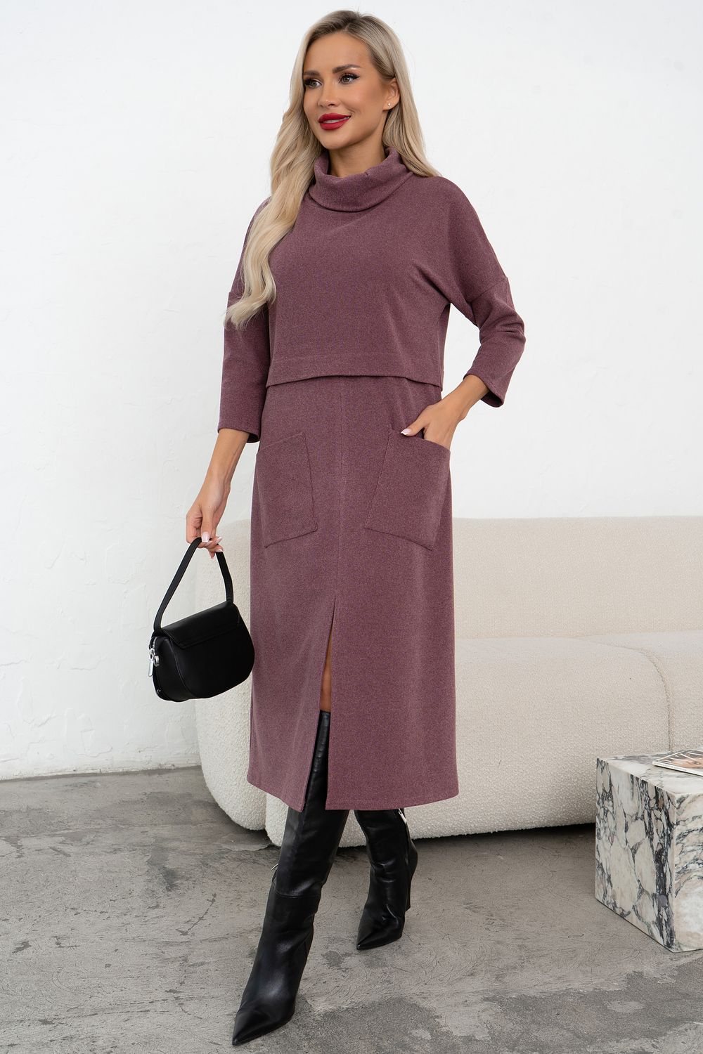 Платье трикотажное с разрезом (сливовый) Р11-2008/7 Nikol