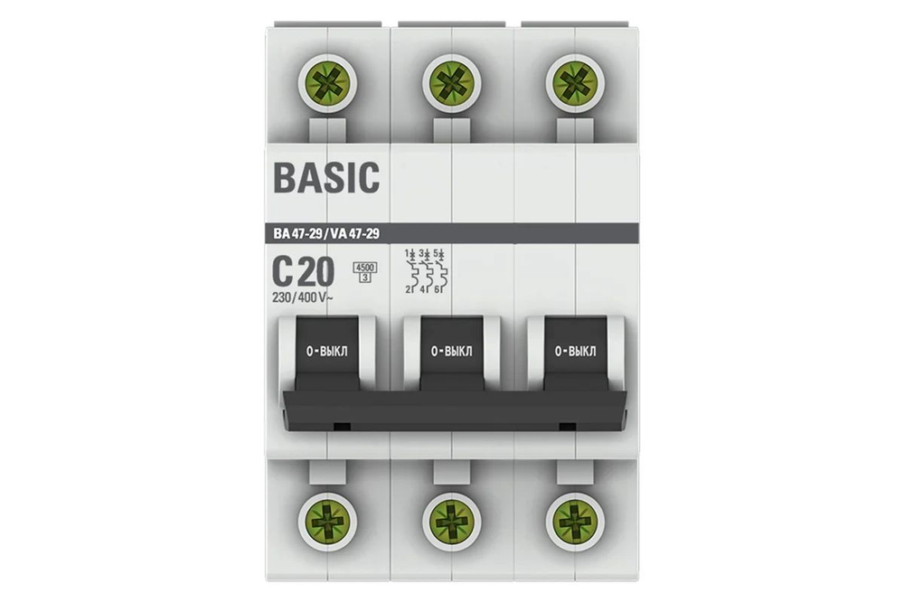 Выключатель автоматический модульный 3п C 20А 4.5кА ВА 47-29 Basic EKF mcb4729-3-20C