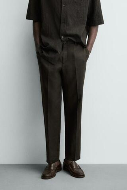 ZARA БРЮКИ КЛАССИЧЕСКОГО КРОЯ ИЗ 100% ЛЬНА, КОРИЧНЕВЫЙ