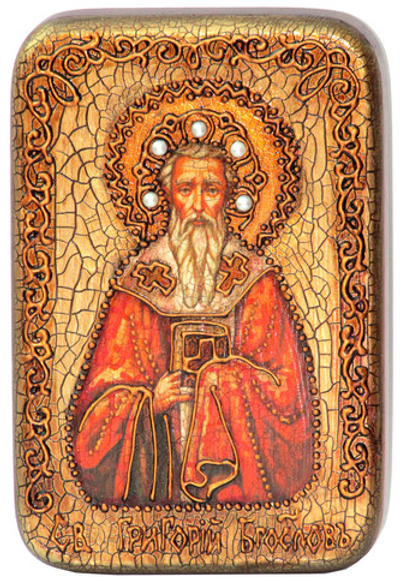 Инкрустированная икона Святитель Григорий Богослов 15х10см на натуральном дереве, в подарочной коробке