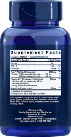 Super Omega-3 EPA/DHA Fish Oil, Sesame Lignans & Olive Extract Softgels капсулы Life Extension