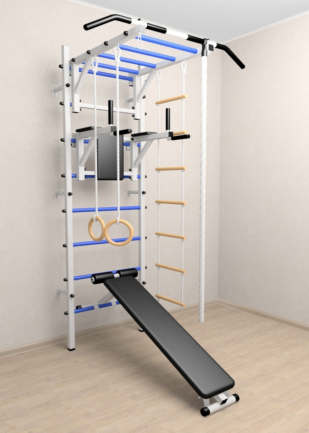 Шведская стенка Sv Sport усиленная 625 (Турник рукоход/Брусья/Скамья/Канат/Кольца/Лестница)