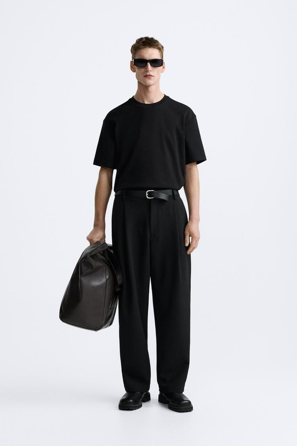 ZARA ФУТБОЛКА REGULAR FIT INTERLOCK, ЧЕРНЫЙ