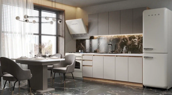 Кухонный гарнитур МДФ “НИКА” 2.0М коричневый софт + бежевый софт С БЕЛОЙ СТОЛЕШНИЦЕЙ 2 М. В КОМПЛЕКТЕ