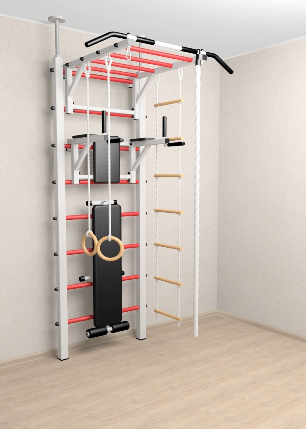 Шведская стенка Sv Sport враспор (Турник рукоход/Брусья/Скамья/Канат/Кольца/Лестница)