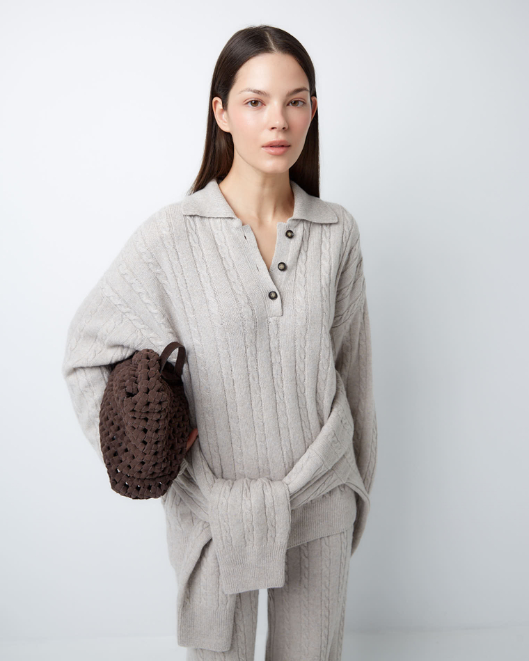 Поло объемного кроя из смесового кашемира серо-бежевый