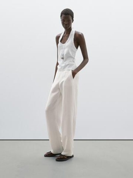 Massimo Dutti Брюки прямого кроя из струящейся льняной ткани, кремовый