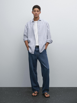 Massimo Dutti Рубашка из 100% льна стандартного кроя, темно-синий