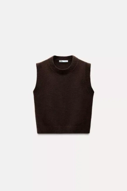 ZARA ОДНОТОННЫЙ ТРИКОТАЖНЫЙ ЖИЛЕТ, ТЕМНО-КОРИЧНЕВЫЙ