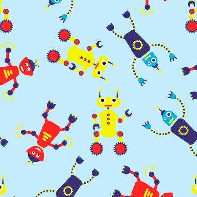 забавные роботы на голубом фоне. текстиль для мальчика