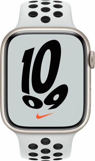 Apple Watch Nike Series 7, 45 мм, корпус из алюминия цвета «сияющая звезда», спортивный ремешок Nike цвета «чистая платина/чёрный»