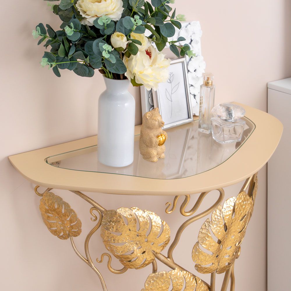 Консоль Monstera Deliciosa Glass (Монстера) Айвори Мраморное золото