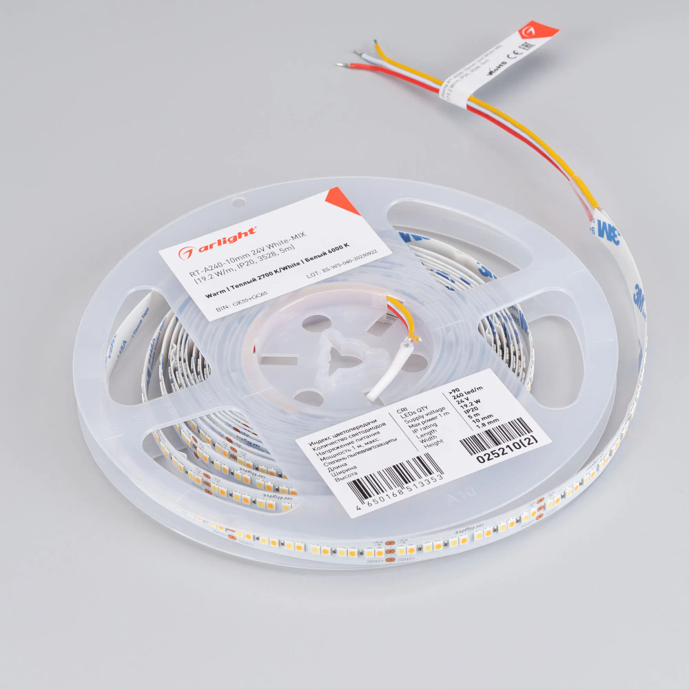 Светодиодная лента RT-A240-10mm 24V White-MIX (19.2 W/m, IP20, 3528, 5m) (Arlight, Изменяемая ЦТ) 025210(2)