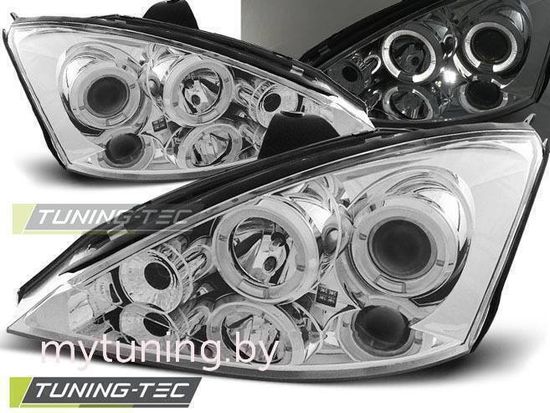 Передние фары Ford Focus 1 angel eyes chrome