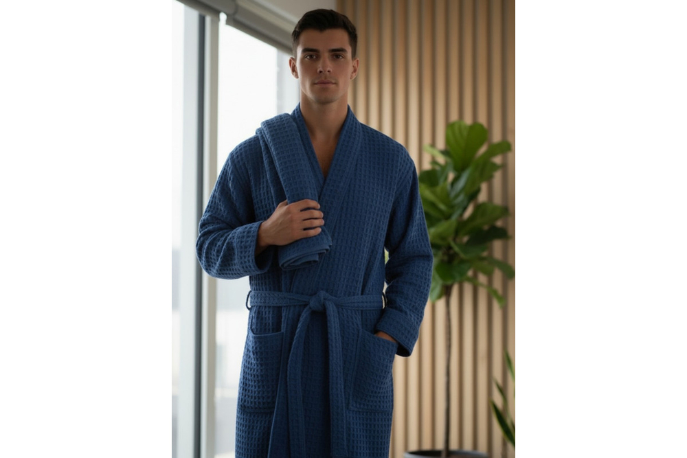 Халат вафельный мужской Home One темно синий 56-58