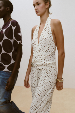 ZARA КОМБИНЕЗОН ХАЛТЕР В ГОРОШЕК, ЭКРЮ/КОРИЧНЕВЫЙ