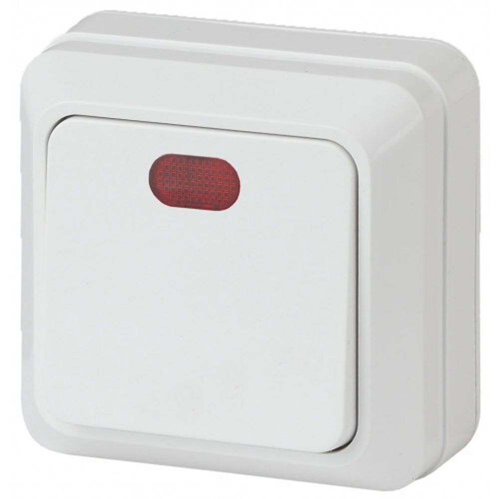 Выключатель Intro Quadro 2-102-01 одноклавишный с подсветкой, 10А-250В, IP20, ОУ, белый