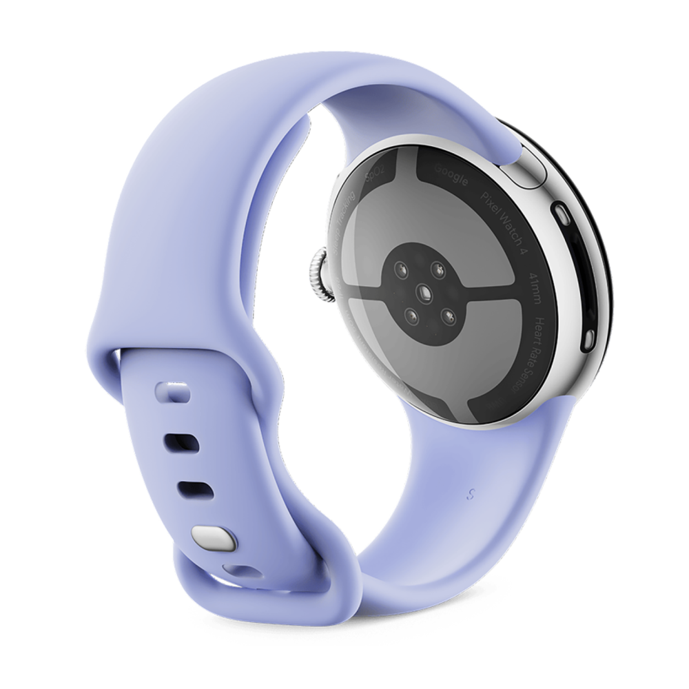 Умные часы Google Pixel Watch 4, 41 мм, Wi-Fi, ремешок цвета «голубой ирис» Полированный серебристый корпус из переработанного алюминия, ремешок из фторэластомера с покрытием «софт-тач» и застёжкой pin-and-tuck — на запястье обхватом 130–210 мм