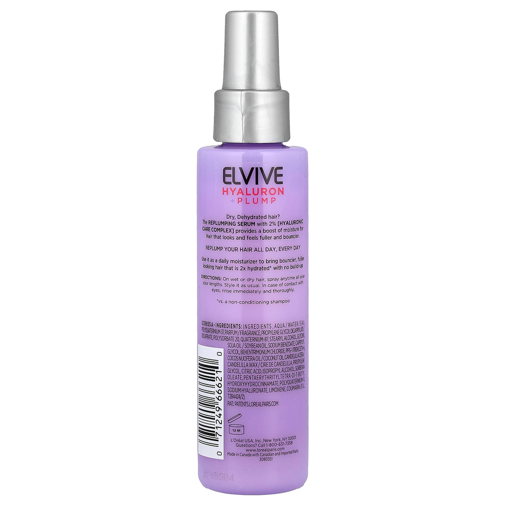 L'Oréal, Elvive, гиалуроновая кислота и упругость, сыворотка для восстановления объема волос, для сухих и обезвоженных волос, 130 мл (4,4 жидк. унции)