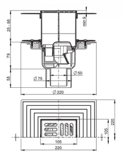 Сливной трап APV2324 105 × 105/50, подводка – прямая, решетка – нержавеющая сталь, фланец –нержавеющ