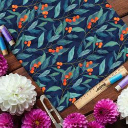 Ткань шифон яркая брусника среди тёмных листьев в стиле «нуар»