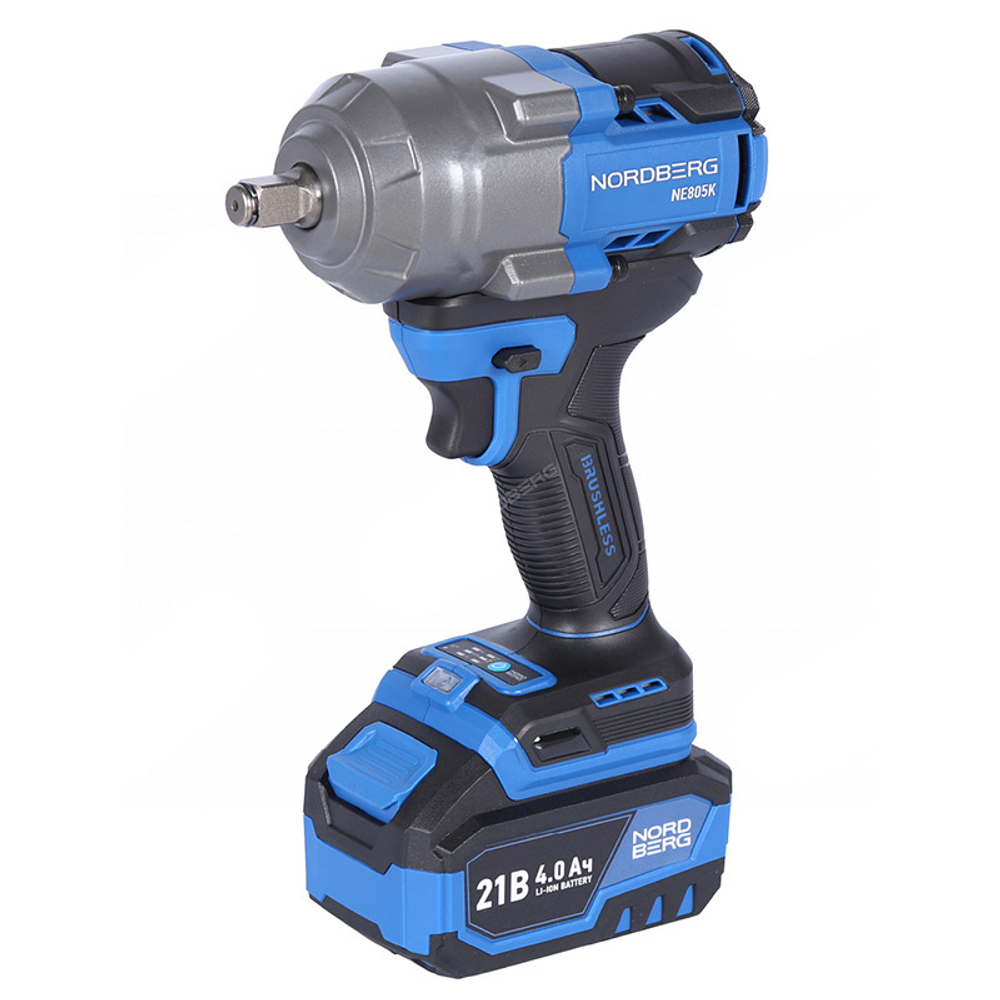 NORDBERG (NE805K) Гайковерт аккумуляторный, 1/2", 21В, 1000 Нм с двумя 4A акк. и зар. уст-вом, в кейсе