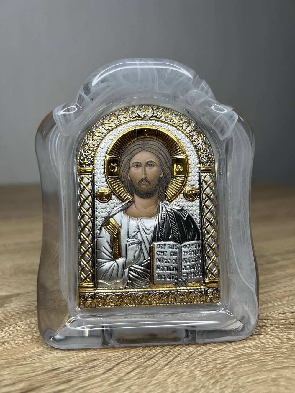 Спаситель, икона арочная, белое муранское стекло 103х147