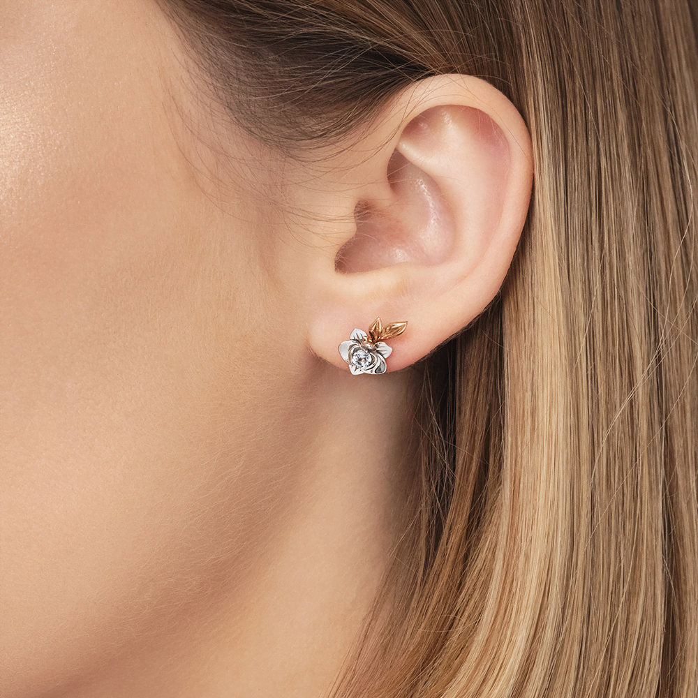 Серьги-пусеты «Орхидеи» (пожелание любви) из комбинированного золота с топазом