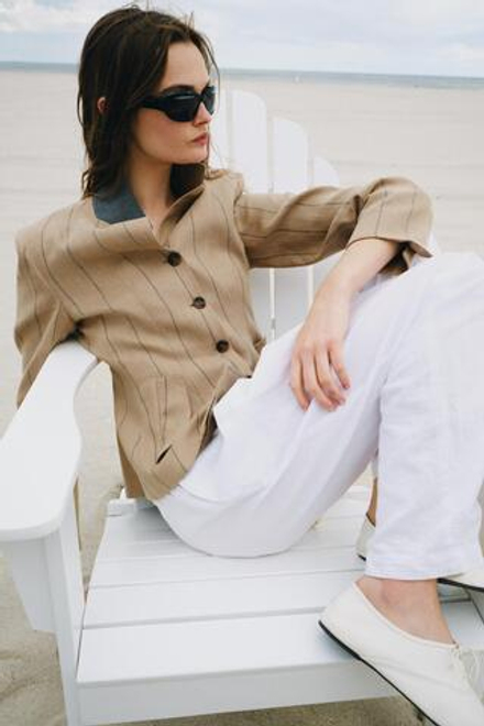 ZARA БЛЕЙЗЕР В ПОЛОСКУ ИЗ СМЕСОВОГО ЛЬНА — ZW COLLECTION, МЯГКИЙ КАШТАНОВЫЙ
