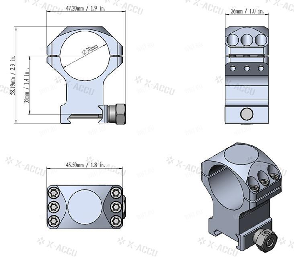 Кольца VECTOR X-Accu на базу Picatinny | Weaver, ø30 мм (6 винтов), BH=20 мм