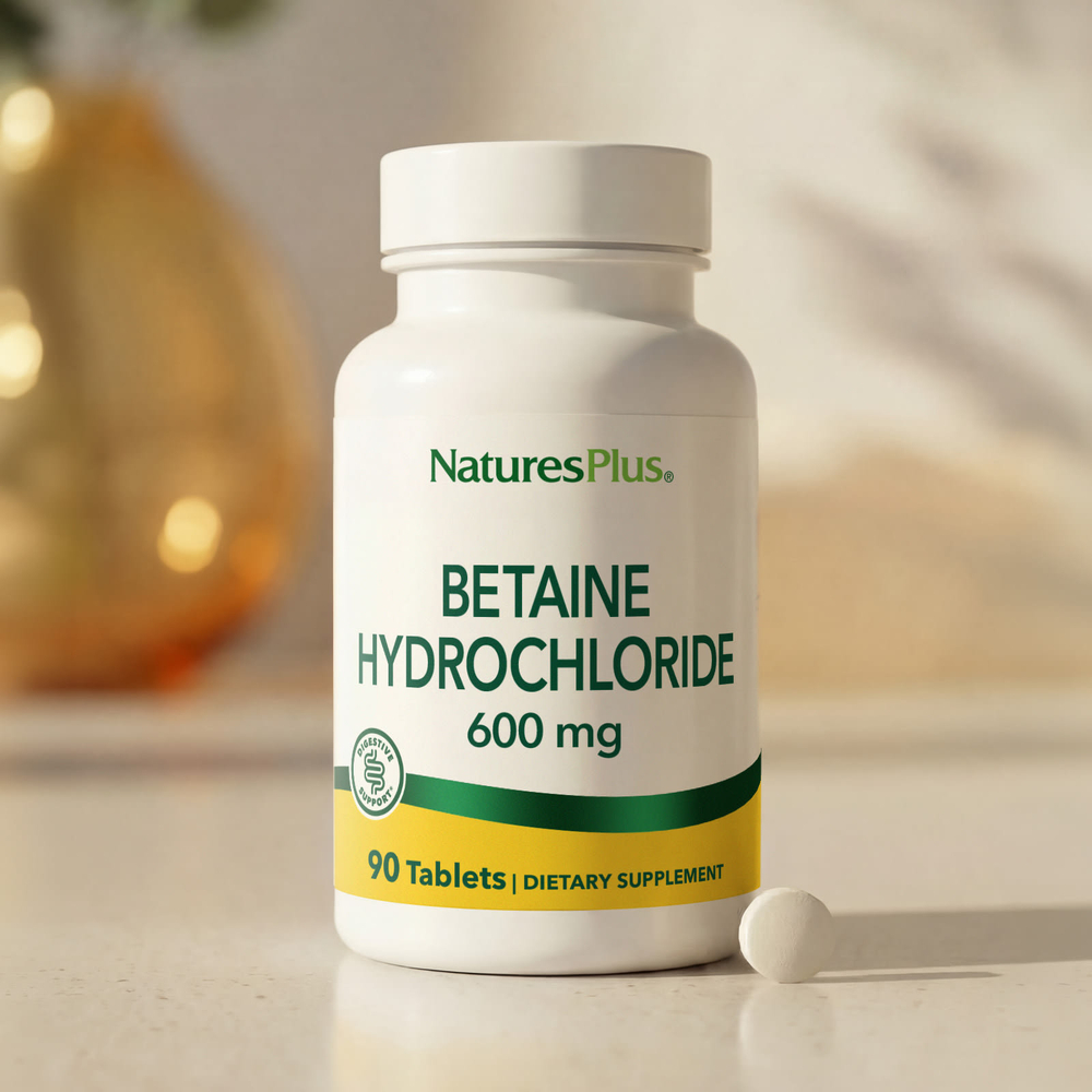 NaturesPlus, Бетаин гидрохлорид (Betaine Hydrochloride), 600 мг, 90 таблеток