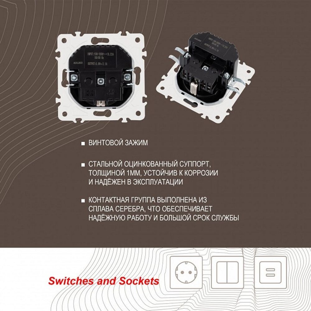 Розетка с заземлением и со шторкой и 2хUSB, без рамки Arte Milano am-205 205.47-1.black