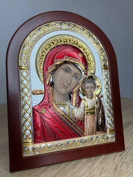 Казанская БМ, икона арочная, красное дерево, эмаль 175х225