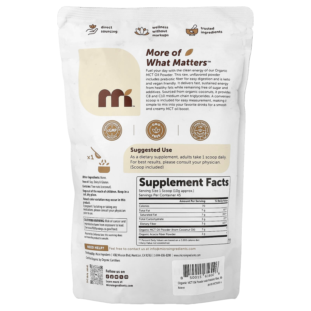 Micro Ingredients, органическое масло MCT в порошке с пребиотической клетчаткой, 454 г (1 фунт)