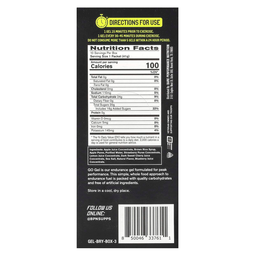 BPN, Go Gel, гель для выносливости, ягодный сбор, 10 пакетиков по 41 г (1,45 унции)
