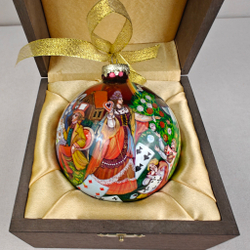 Шар новогодний с круговой росписью Палех "Алиса в стране чудес-4" в футляре