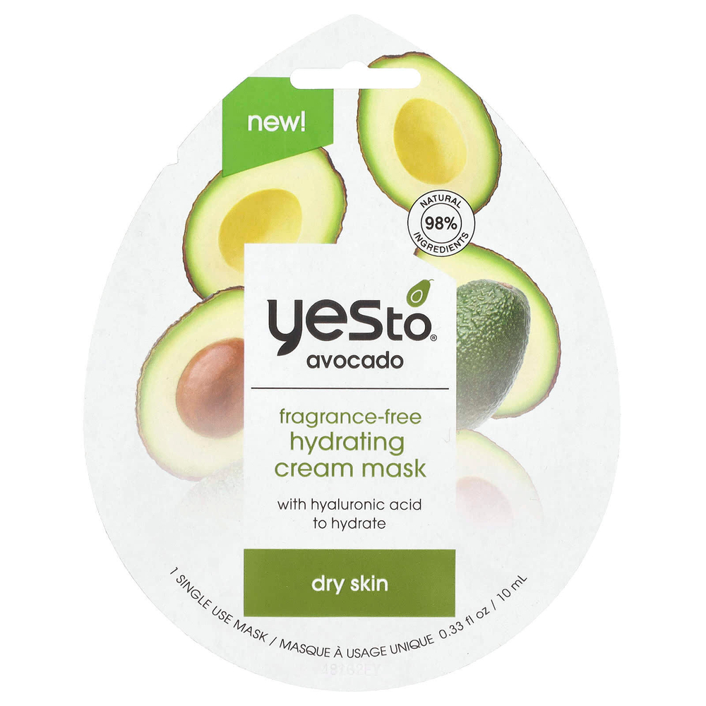 Yes To, Увлажняющая крем-маска Beauty Mask, авокадо, для сухой кожи, без отдушек, 1 листовая маска, 10 мл (0,33 жидк. унц.)
